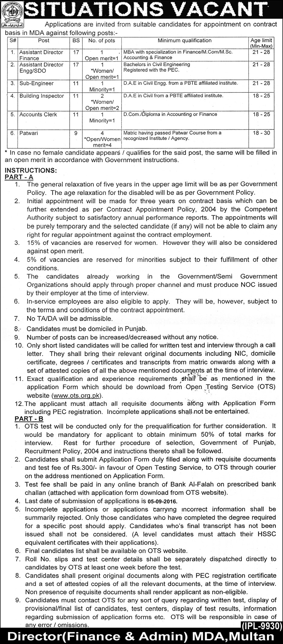 Multan Development Authority MDA Jobs 2024 Application Form August Advertisement