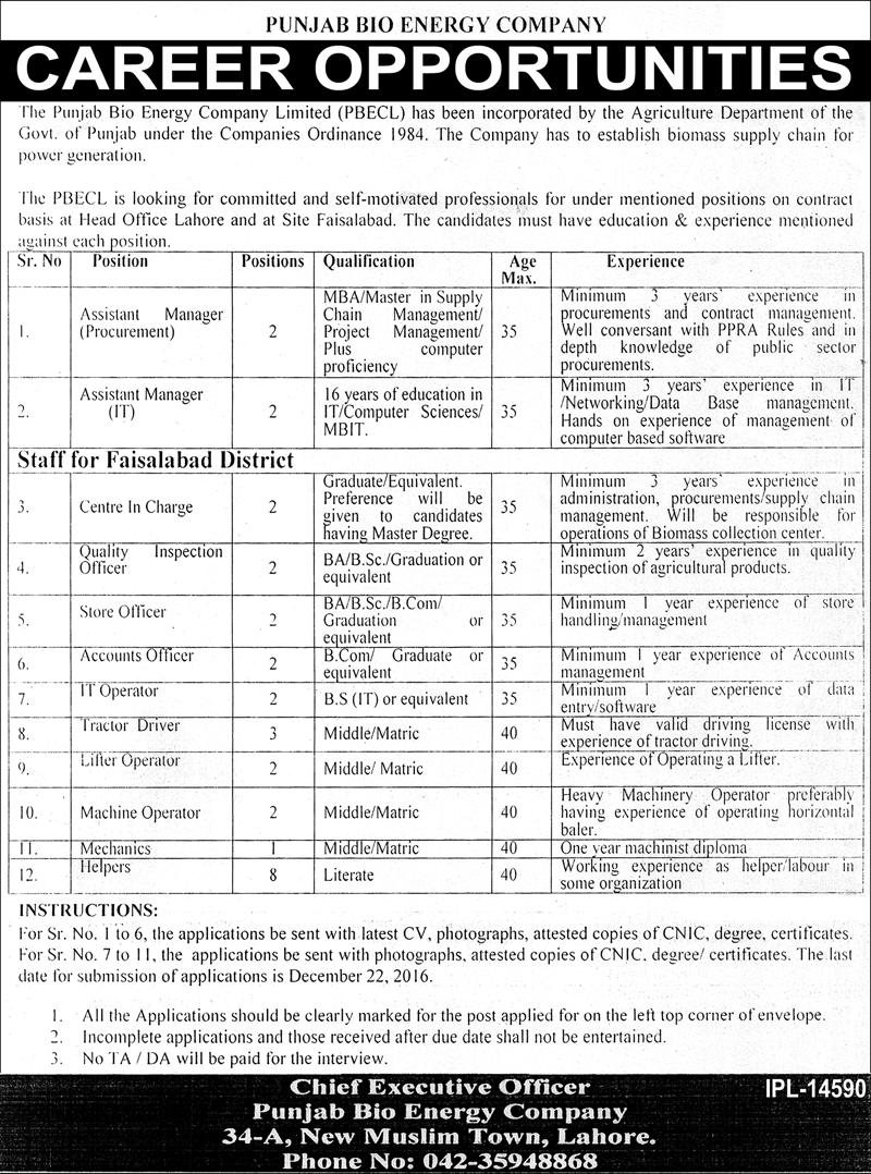 Punjab Bio Energy Company Lahore Jobs 2024 December Advertisement