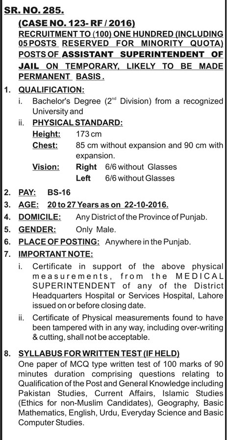 PPSC Assistant Superintendent Jail Jobs 2024 October Advertisement