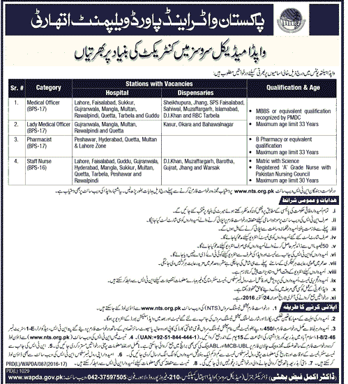 WAPDA NTS Jobs 2024 Medical Male/Lady Officer, Nurse October Application Form