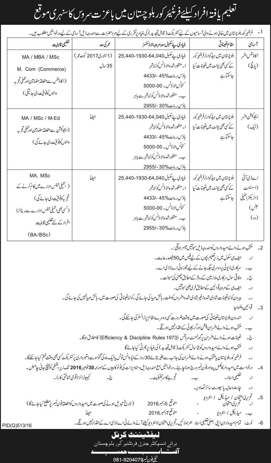 Frontier Corps Balochistan Intelligence Officer Jobs 2024 For MA, MSC, MBA, MCOM