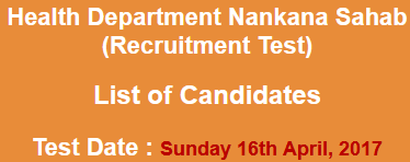 Health Department Nankana Sahib Jobs NTS Test Result 2024 16th April