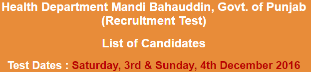 Health Department Mandi Bahauddin Jobs NTS Test Result 2024 3rd, 4th December