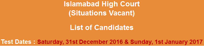 Islamabad High Court Jobs NTS Test Result 2024-2017 31st December, 1st January