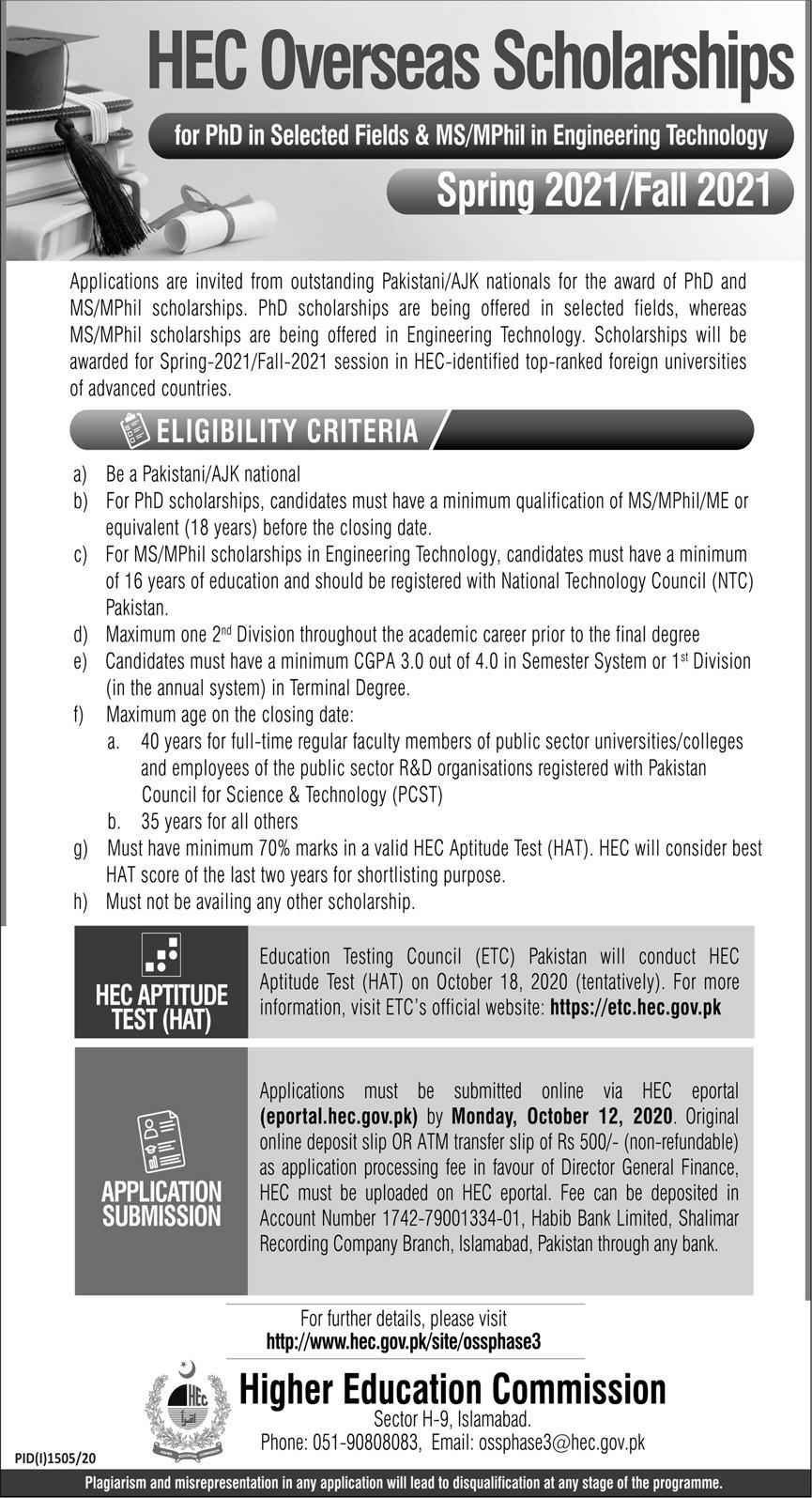 HEC Overseas Scholarships 2025 MS, PhD Students Online Form Advertisement