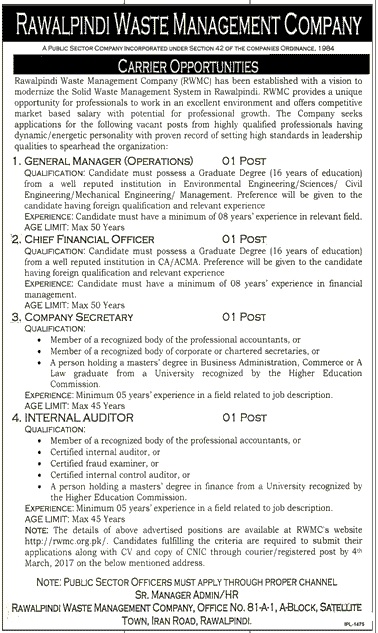 Rawalpindi Waste Management Company Jobs 2024 Manager Vacancies