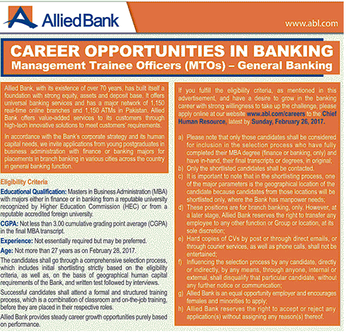 Allied Bank MTOs Jobs 2024 How to Apply www.abl.com/careers