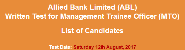 Allied Bank Limited ABL MTO Jobs NTS Test Result 2024 12th August