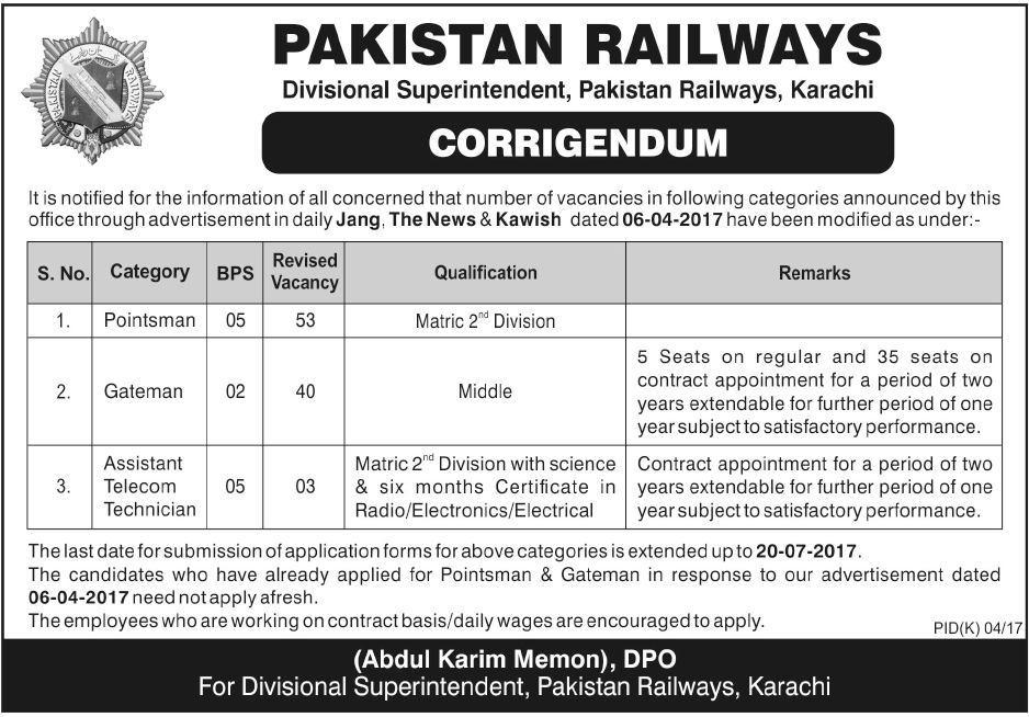 Pakistan Railways Karachi Office Jobs 2024 For Matric, Middle Pass