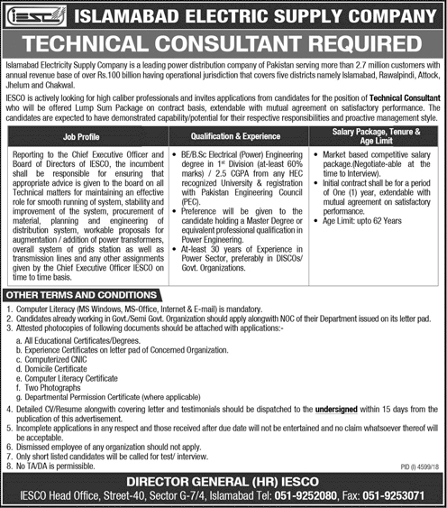 IESCO Jobs 2024 Islamabad Electric Supply Company Application form Download