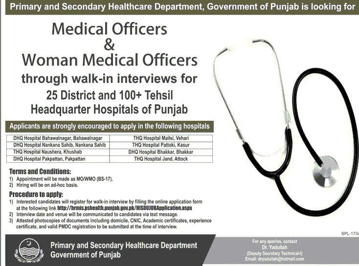 Medical Officer, Women Medical Officer Jobs 2024 Primary and Secondary Education department