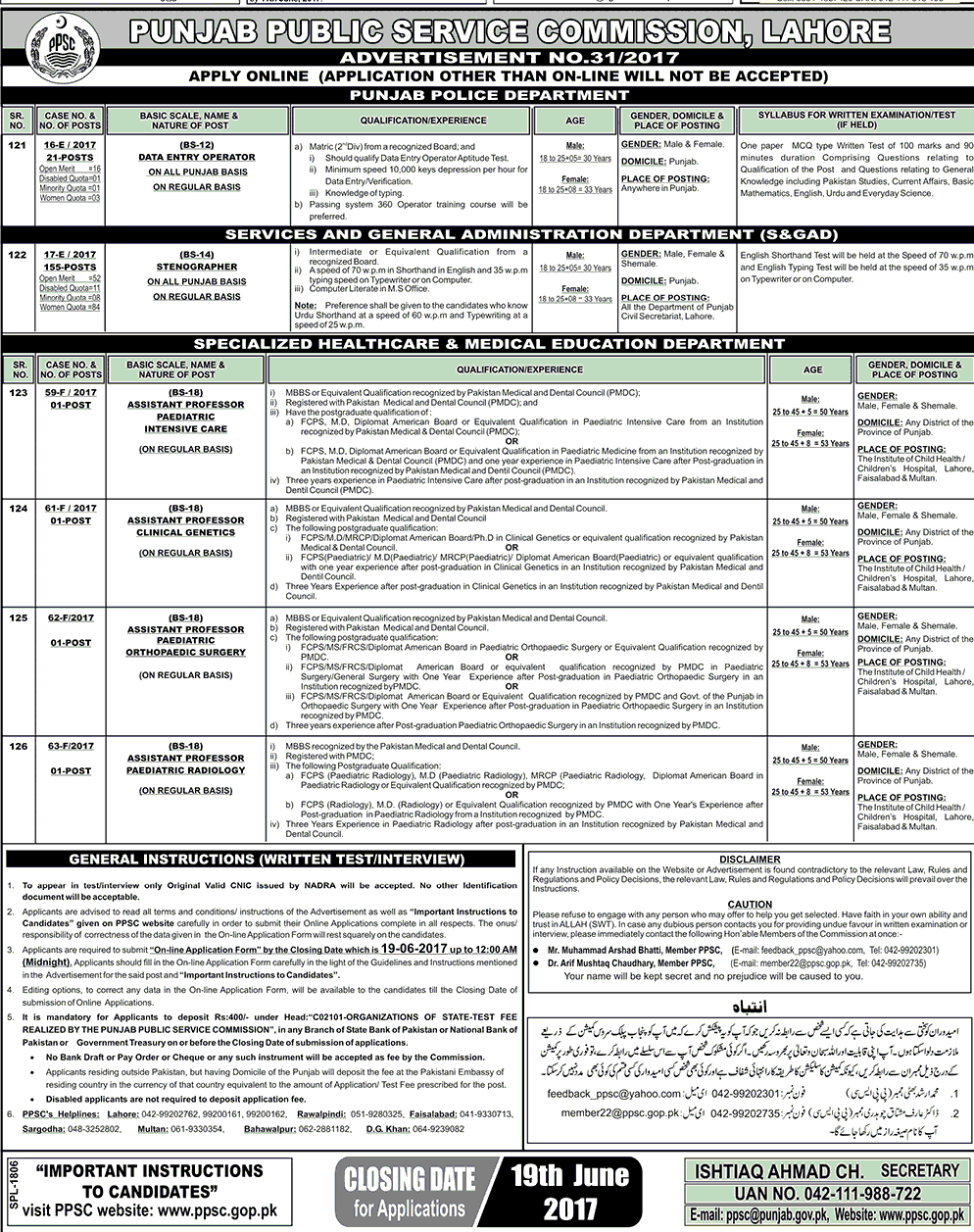 PPSC Punjab Police Department Jobs 2024 Data Entry Operator Male/Female Advertisement