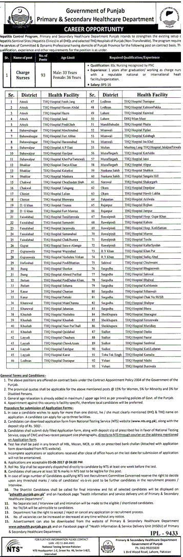 Primary & Secondary Healthcare Department Charge Nurses Jobs 2024 NTS Application Form