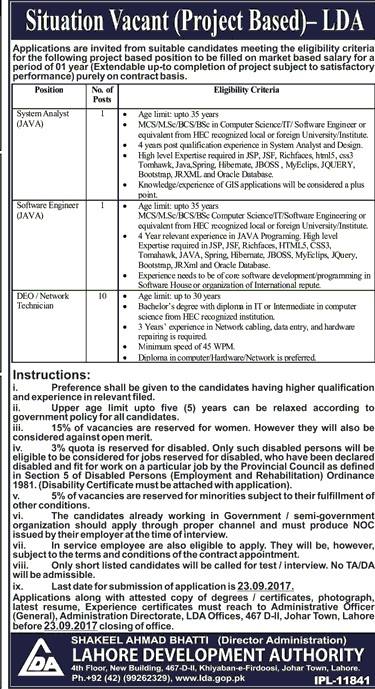 LDA Lahore Project Base Jobs 2024 Technical Vacancies Form