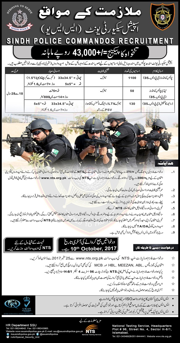 SSU Sindh Police Special Security Unit Jobs 2024 NTS Form Commando Physical Test, Written Test, Interview