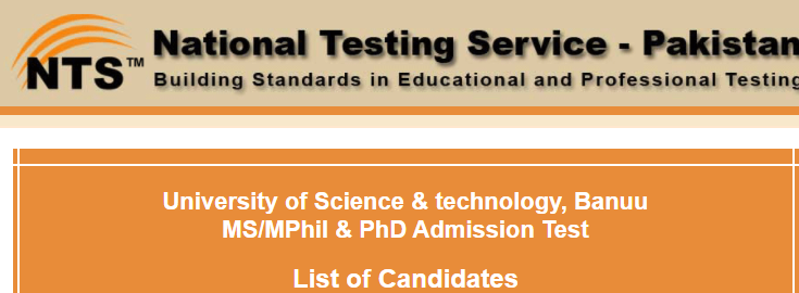 University Of Science and Technology Bannu Admission NTS Test Result 2024 6 Feb