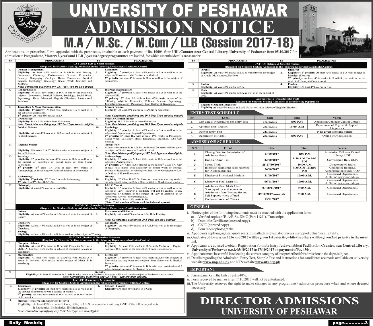 University Of Peshawar Admission 2024-19 Master Degree Last Date Advertisement Fee Merit List