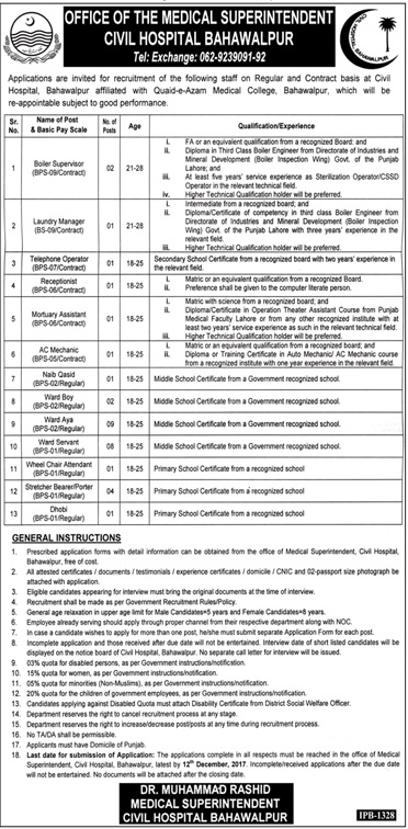 Civil Hospital Bahawalpur Jobs 2024-18 December Advertisement Form Download