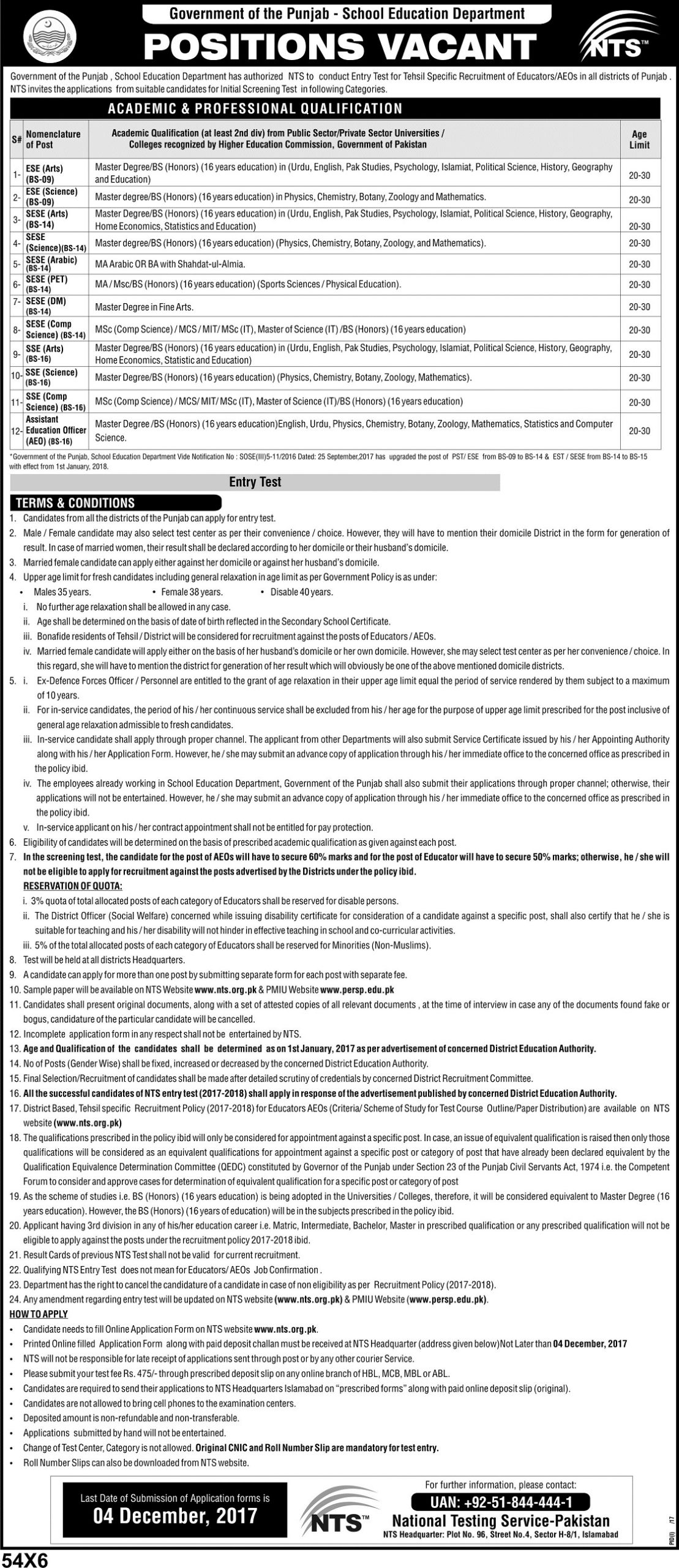 Punjab ESE, SESE, SSE, AEO Jobs 2024-2018 Educators NTS Form Online