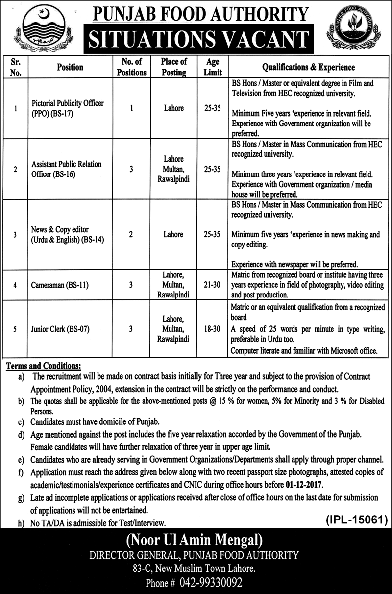 Punjab Food Authority Jobs 2024 November Advertisement Last Date, Interview