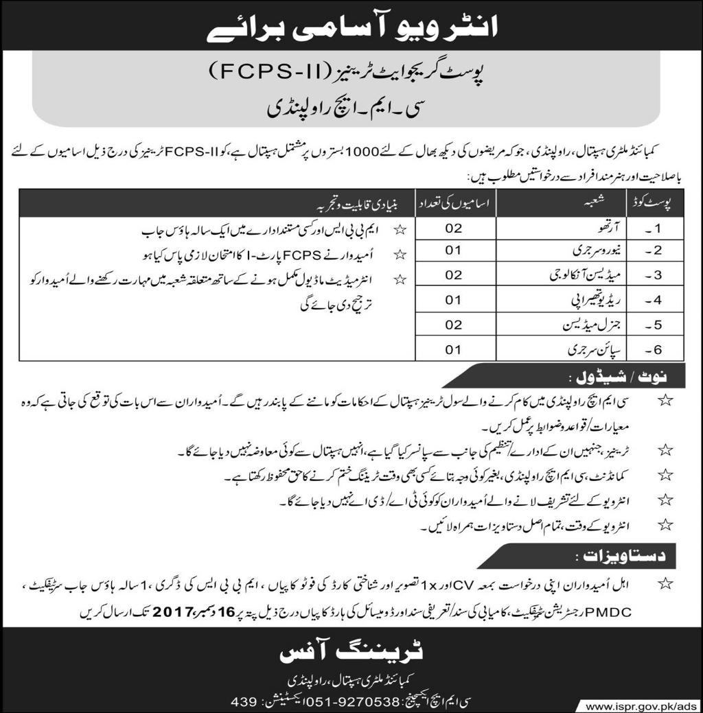 CMH Rawalpindi Hospital Jobs 2024 For MBBS, FCPS Application Form