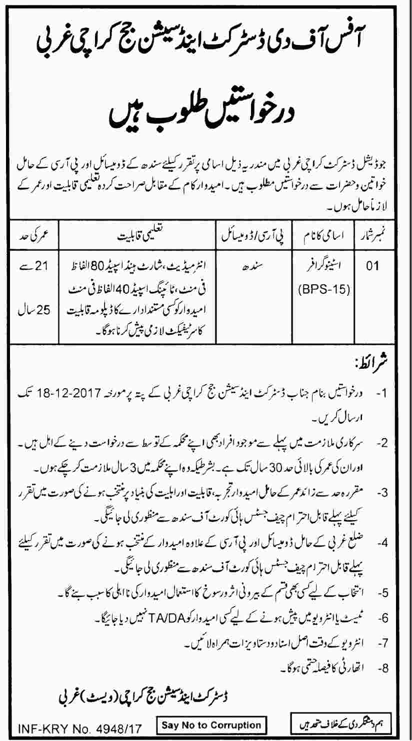 District and Session Court Karachi Jobs 2024 December Advertisement Application From Interview Date