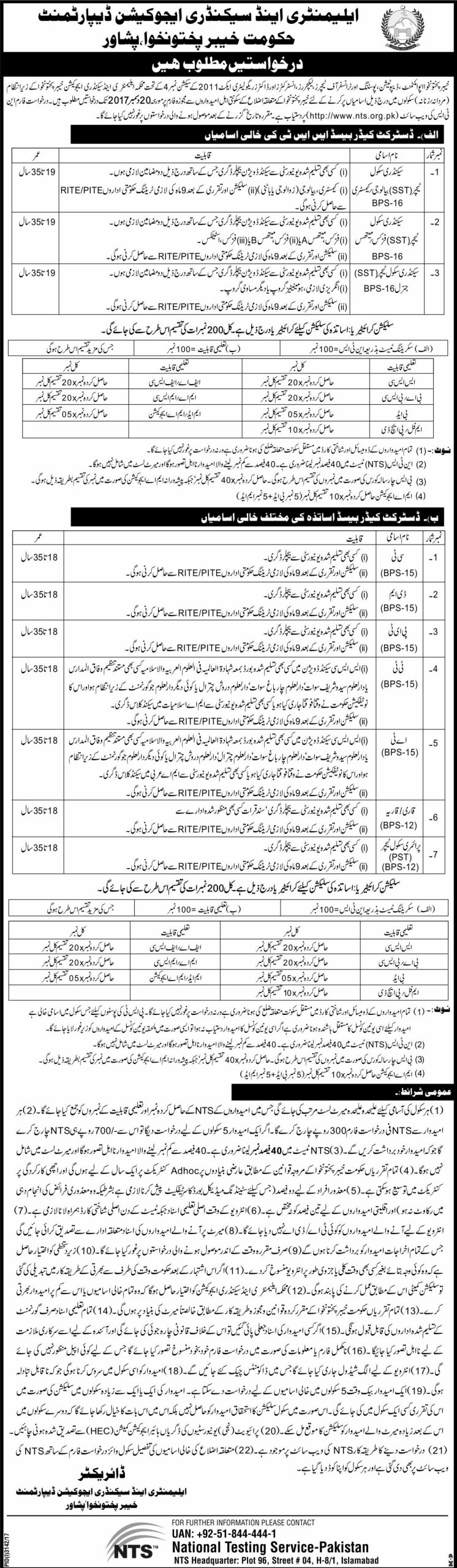 Elementary and Secondary Education Department KPK NTS Jobs 2024 Advertisement