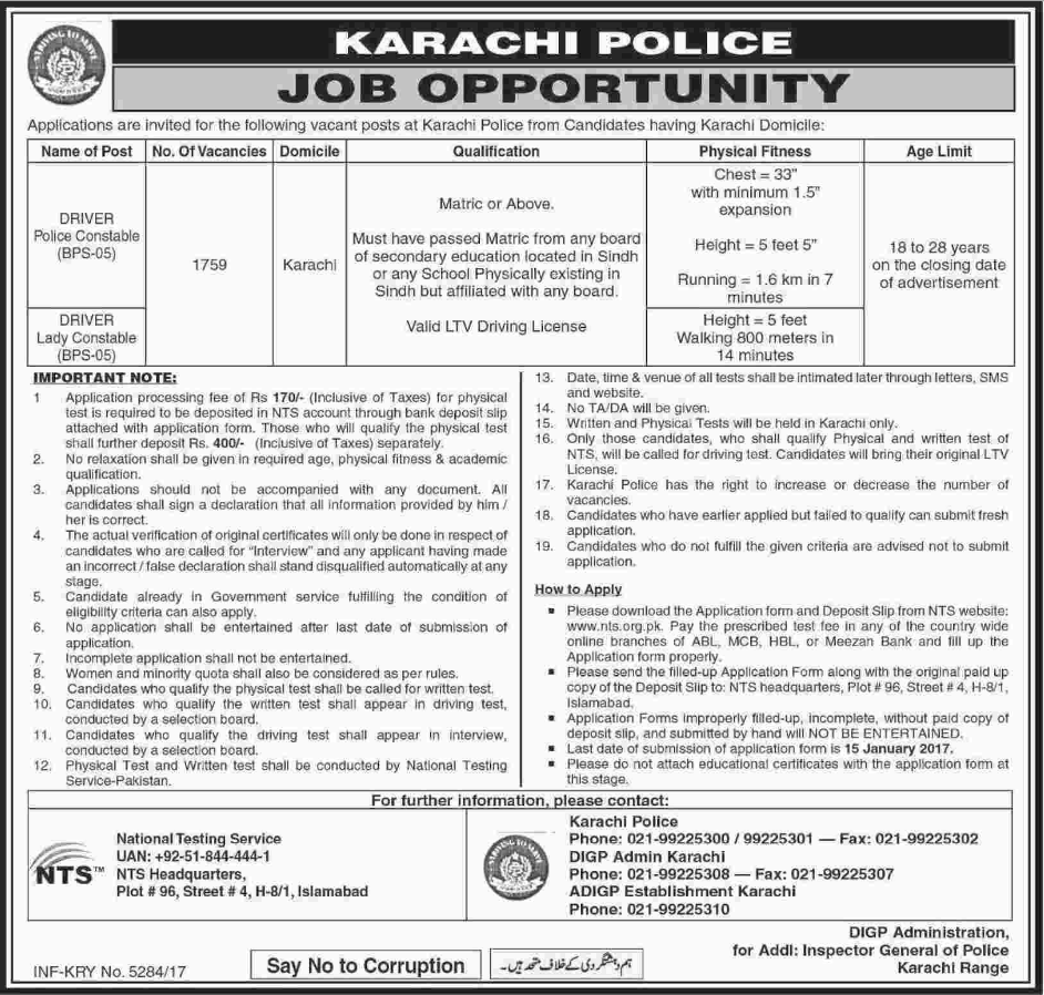 Karachi Police Driver Constable NTS Jobs 2024 For Male, Female Application Form Written Test Sample