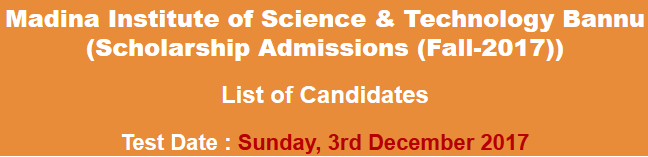 Madina Institute of Science Bannu MISAT Scholarship Admissions NTS Test Result 2024 3rd December