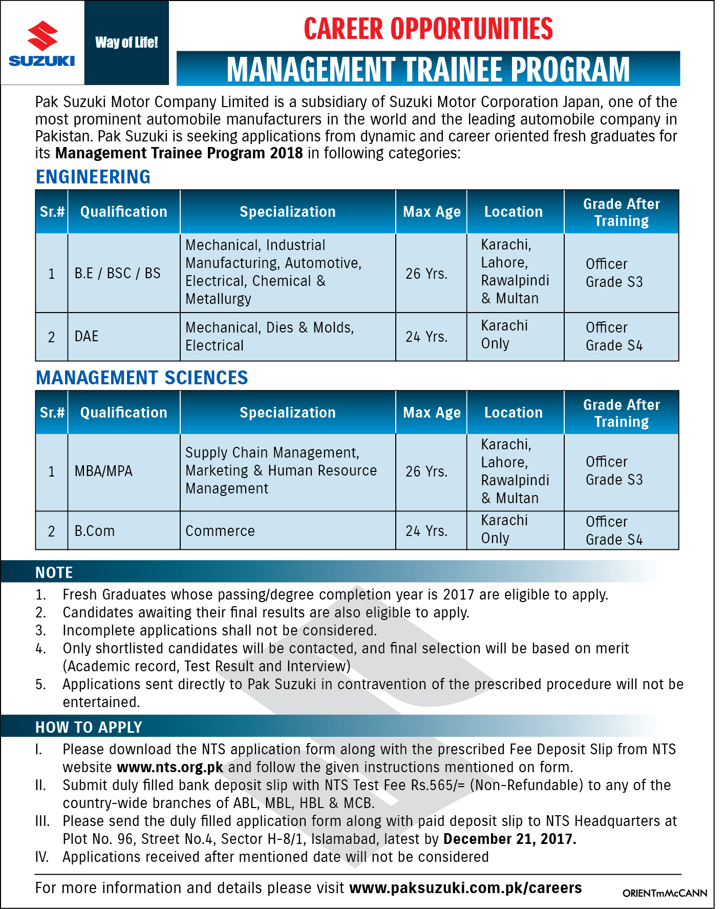 Pak Suzuki Motor Company NTS Jobs 2024-18 Management Trainee Programs Apply Last Date