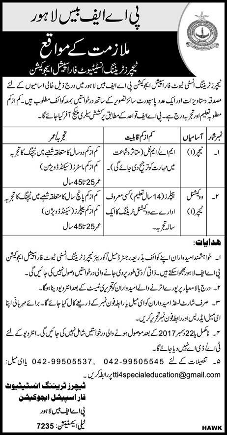 Pakistan AIR Force PAF Jobs 2024 Teachers Training Institute Special Education