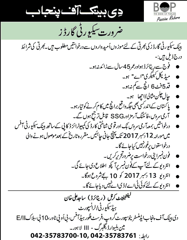 The Bank of Punjab Security Officer Jobs 2024 Application Form Submission BOP Advertisement