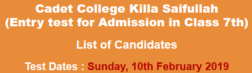 Cadet College Killa Saifullah NTS Admission Test Result 2024 10th February