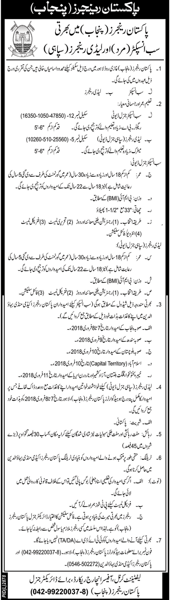 Pakistan Ranger Punjab Jobs 2024 Sub Inspector Male, Sipahi Female Application Form