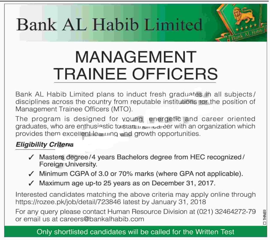 Bank Al Habib Management Trainee MTO jobs 2024 for Bachelor, Master Degree