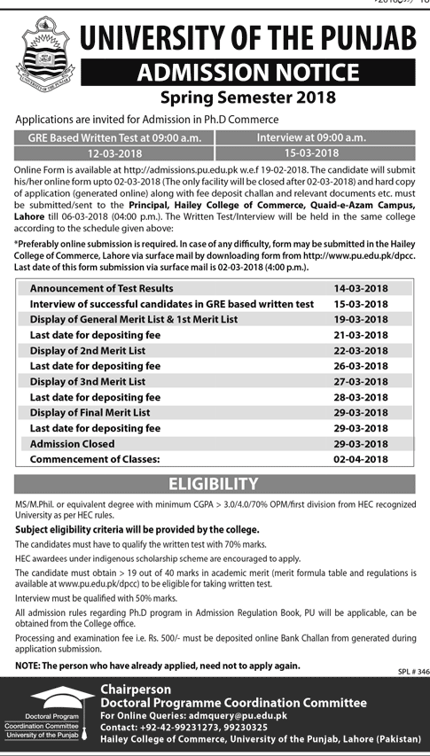 Punjab University GRE Written Test Result 2024 PhD Commerce Merit List 1st, 2nd, 3rd