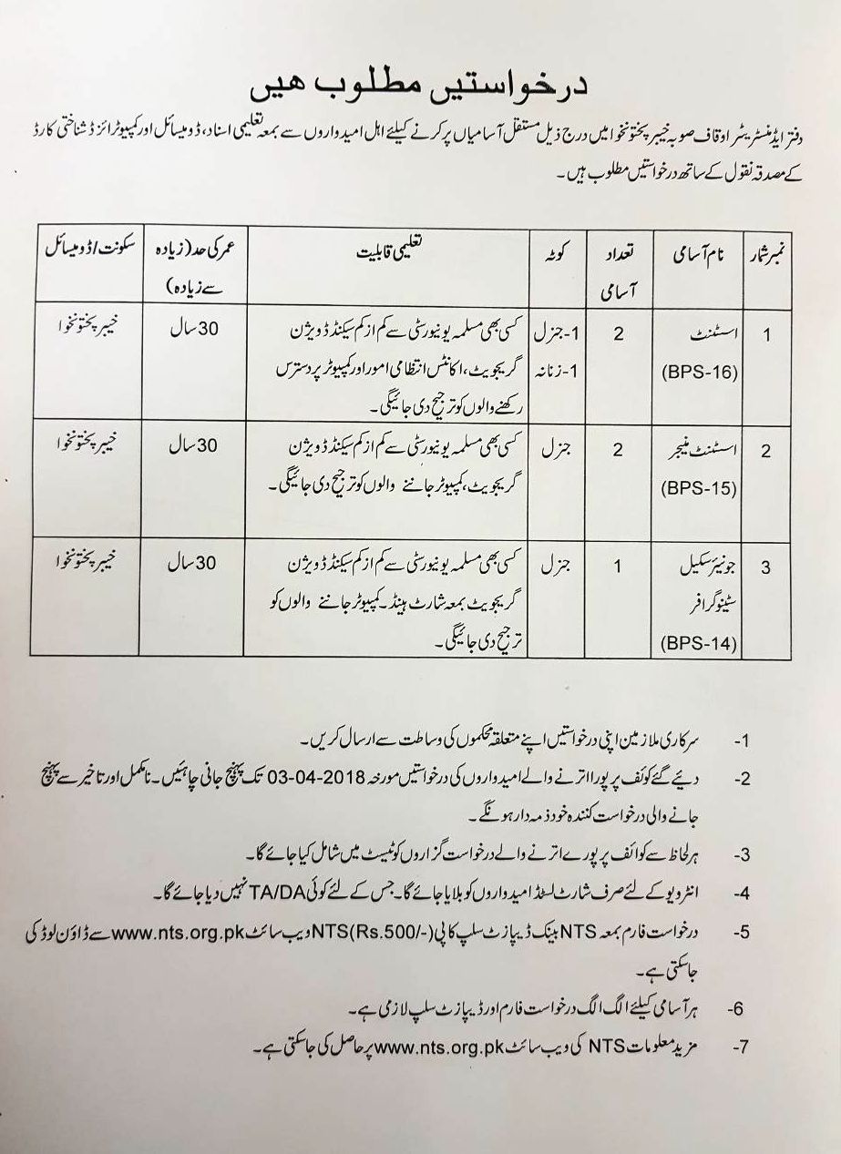 Auqaf Department KPK Jobs 2024 NTS Application Form March Advertisement Download Written Test Date