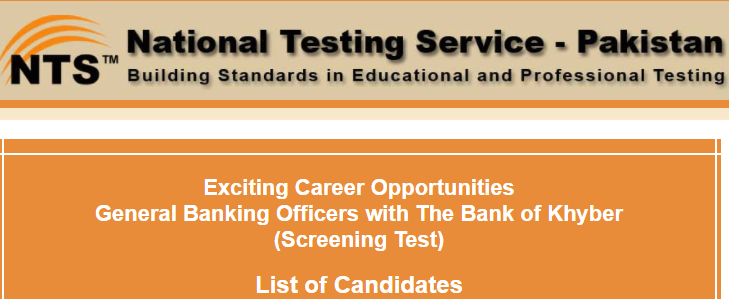 Bank of Khyber BOK General Banking Officers GBO NTS Test Result 2024