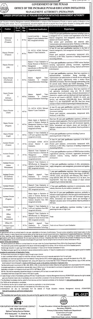 Punjab Education Department NTS Jobs 2024 March Advertisement Application Form Download