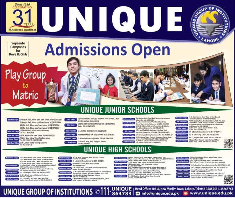 Unique Group of Institutions Lahore Admission 2024 Fee Structure Play Group To Matric