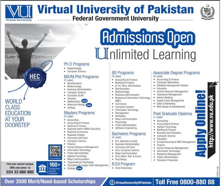 Virtual University of Pakistan VU Spring Admission 2024 Last Date Application Form Criteria Fee www.vu.edu.pk