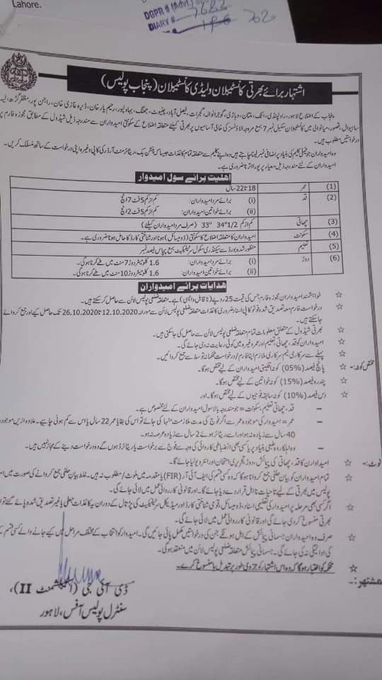 Punjab Police Lady Constable Jobs 2024 Form Written Test Advertisement