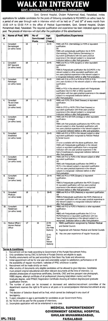 GOVT General Hospital Faisalabad Jobs 2024 Medical Officer Last Date Advertisement