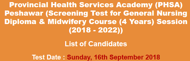 Provincial Health Services Academy KPK Nursing Admission NTS Test Result 2024 16th September