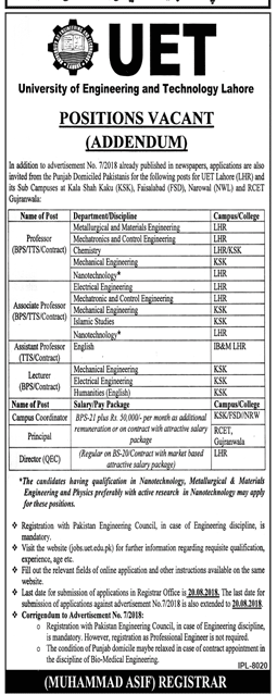 UET Lahore Jobs August 2024 Professor, Lecturer Advertisement