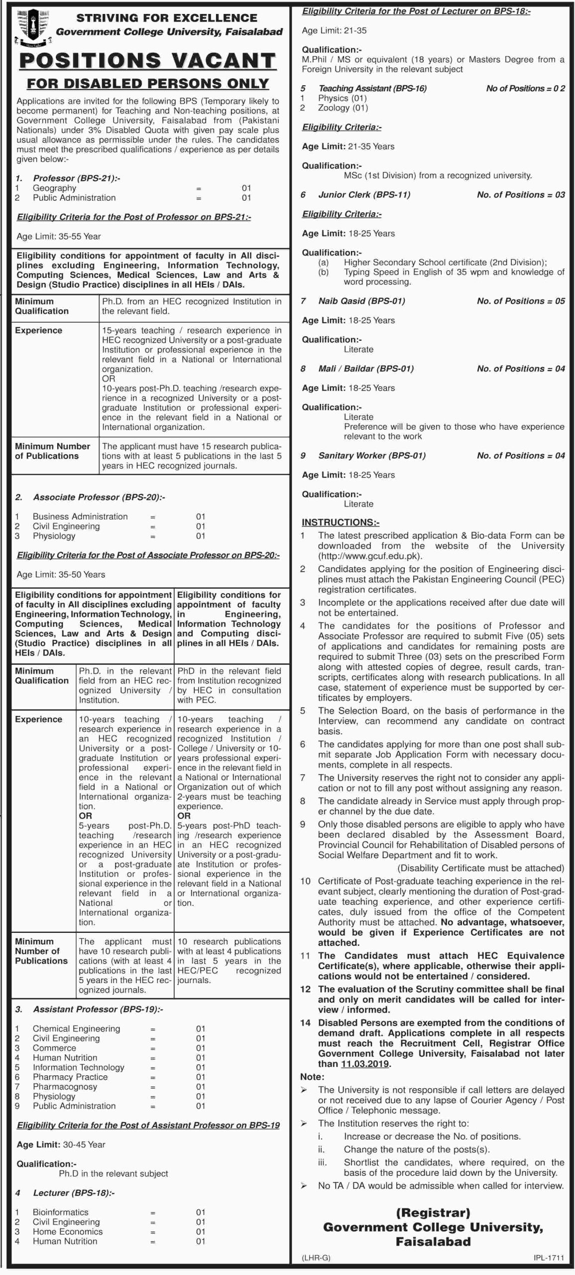 GC University Faisalabad Professor Jobs 2024 GCUF Advertisement