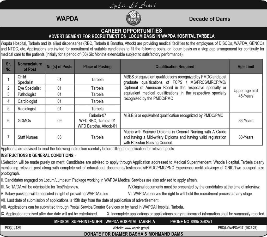 WAPDA Hospital Jobs 2024 Tarbela Online Apply