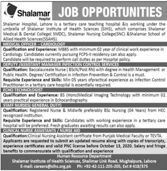 Shalamar Hospital Lahore Jobs 2024 Advertisement Last Date