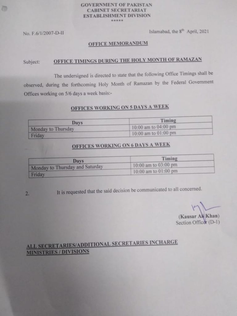 Punjab Government Ramzan Office Timings Duration 2024 Holidays Notification