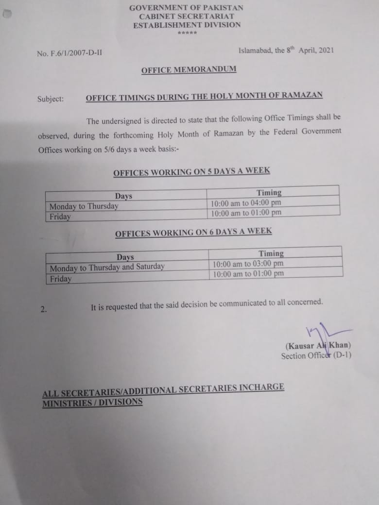 Punjab Government Ramzan Office Timings Duration 2024 Holidays Notification